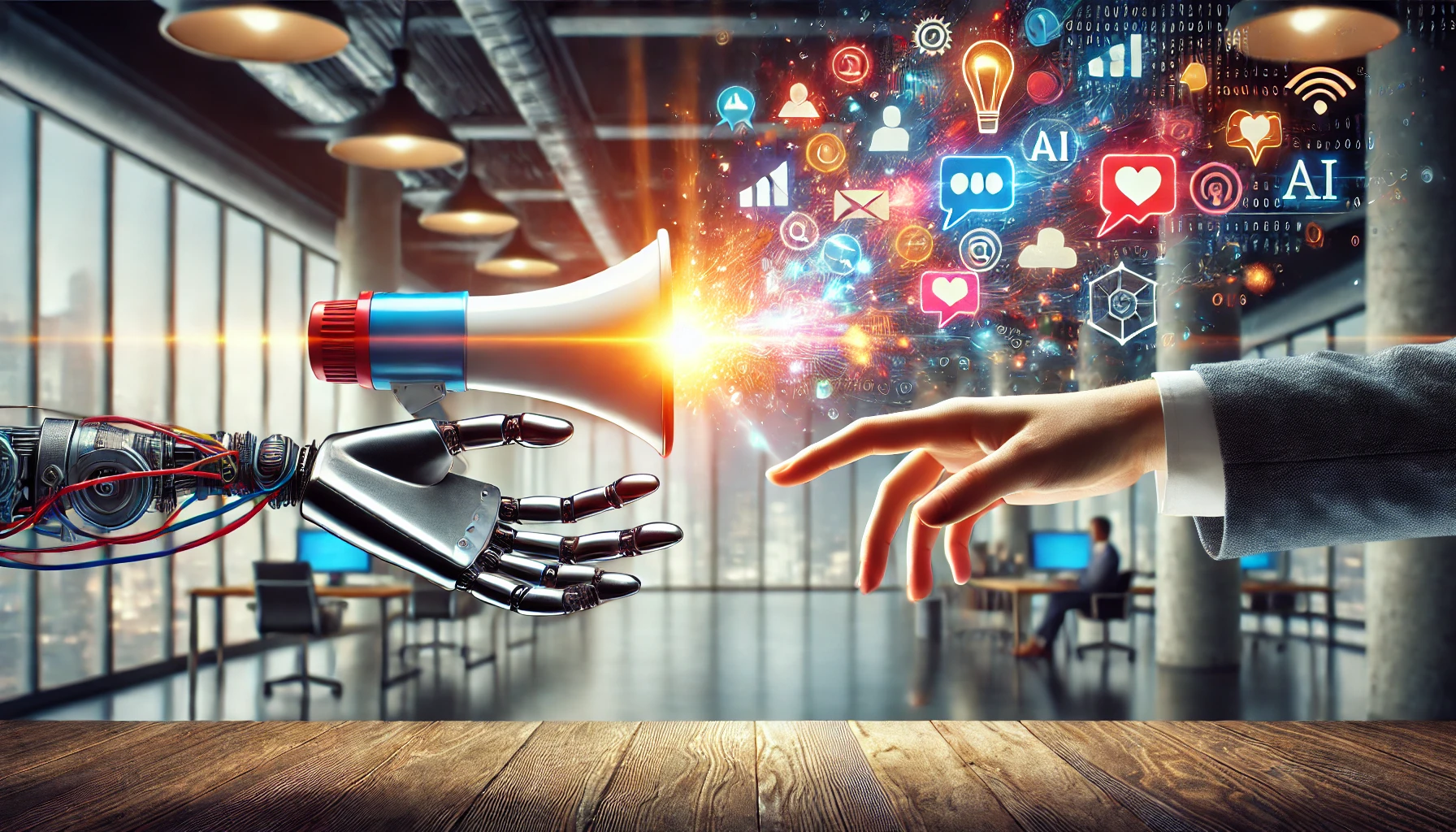 A visually engaging scene showing the harmony between human creativity and AI in brand communication. On one side, a robotic hand, sleek and metallic